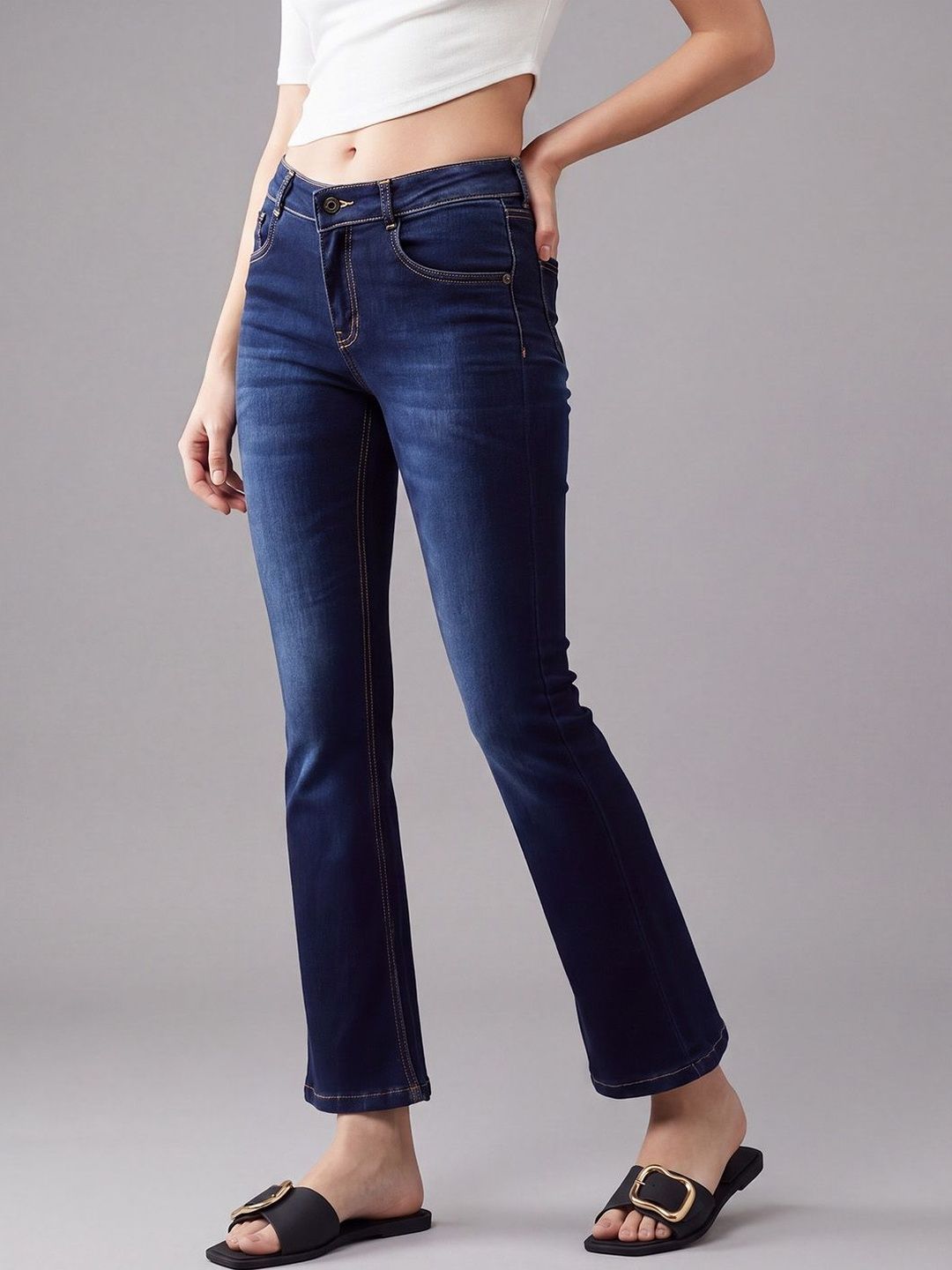 Mast & Harbour Women's Blue Bootcut Mid Rise Regular Length Denim Stretchable Jeans