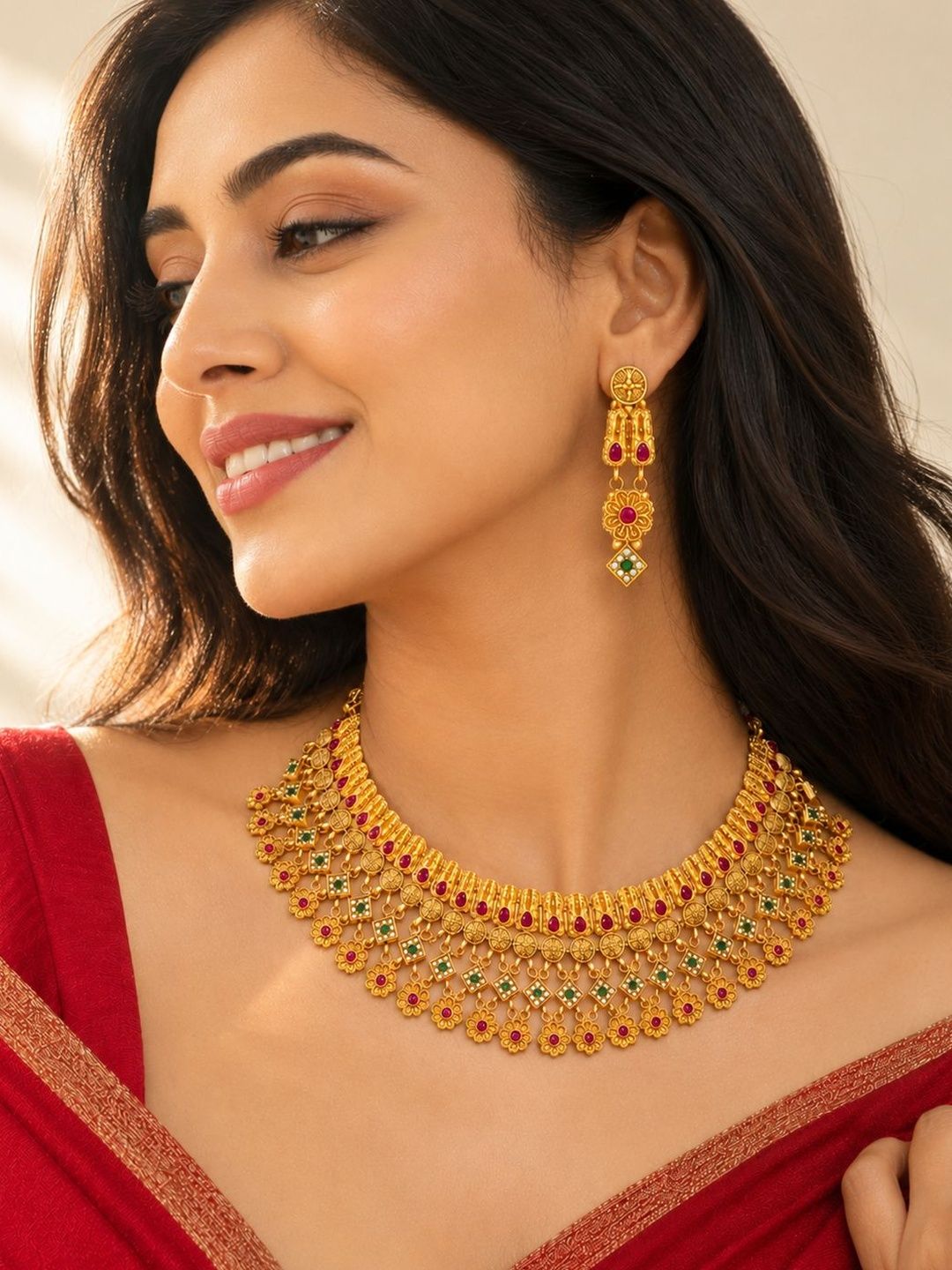 Peora Gold-Plated Antique Stone-Studded Necklace and Earrings