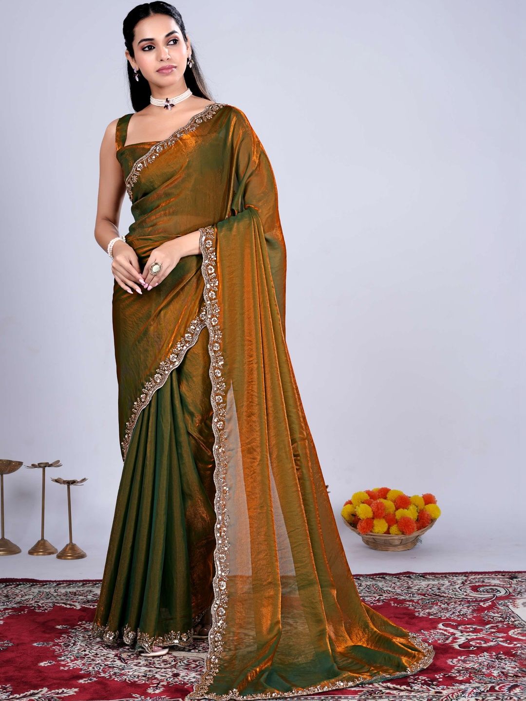 KANYAARI Kriti Olive Satin Saree With Cutdana Work