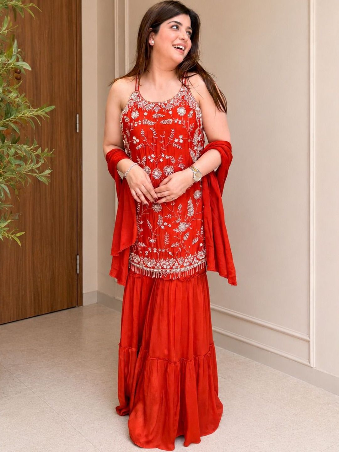 Sangria Women Floral Embroidered Regular Thread Work Kurta with Sharara & With Dupatta