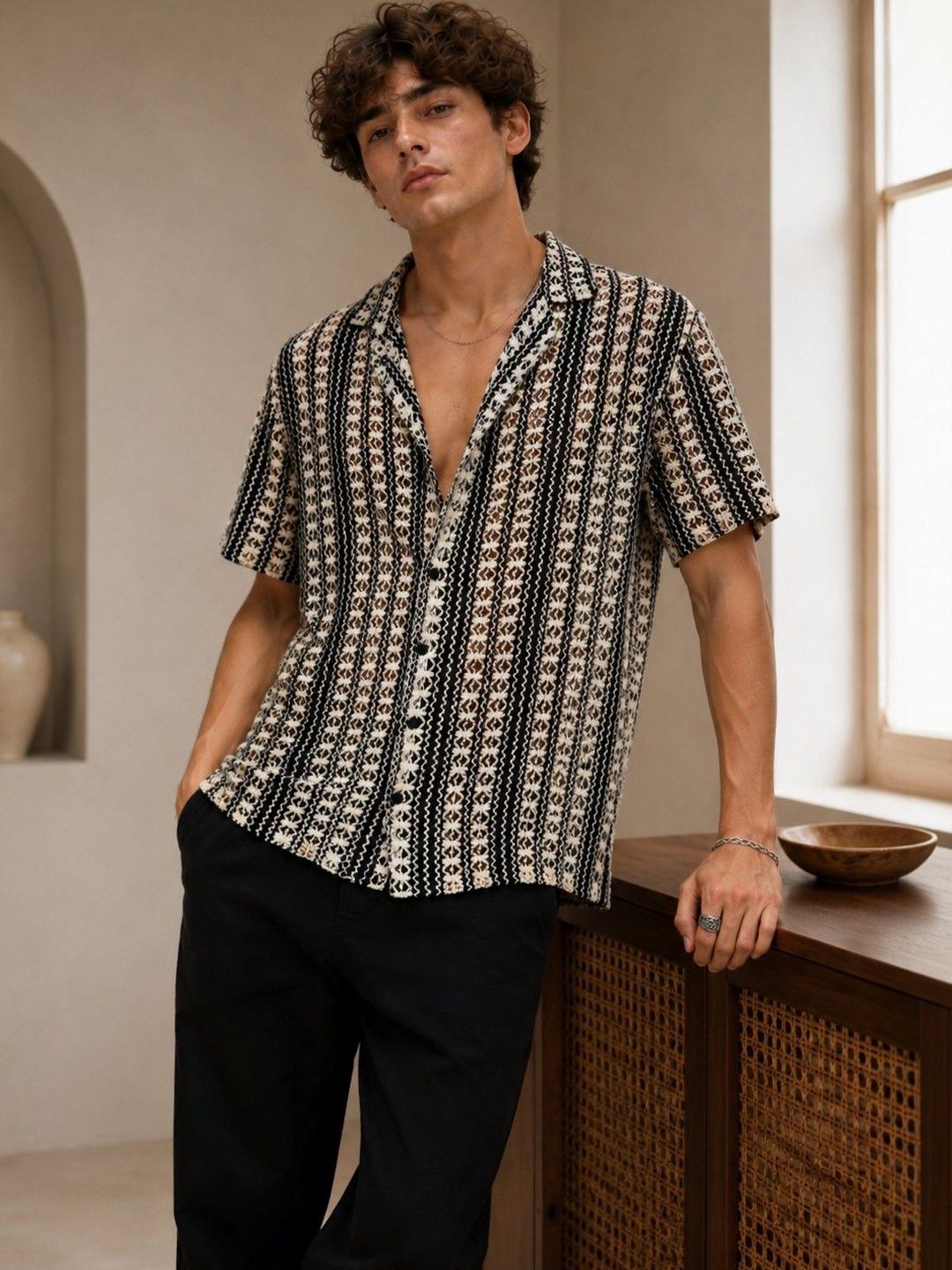 THIRD QUADRANT Men Super Cuban Collar Striped Self Design Cotton Relaxed Fit Casual Shirt