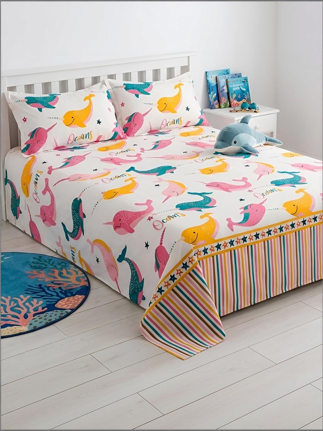 KIDS WONDERS White & Pink Cartoon Characters 210 TC Bedsheet with 2 Pillow Covers