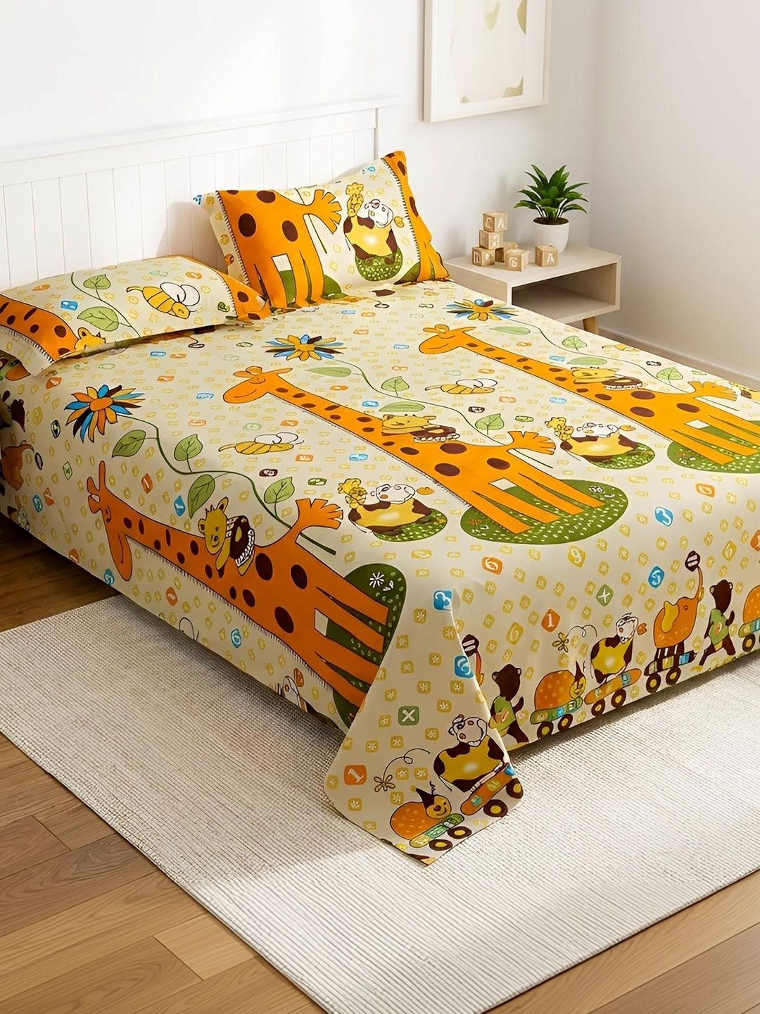 KIDS WONDERS Multicoloured Cartoon Characters 210 TC Bedsheet with 2 Pillow Covers