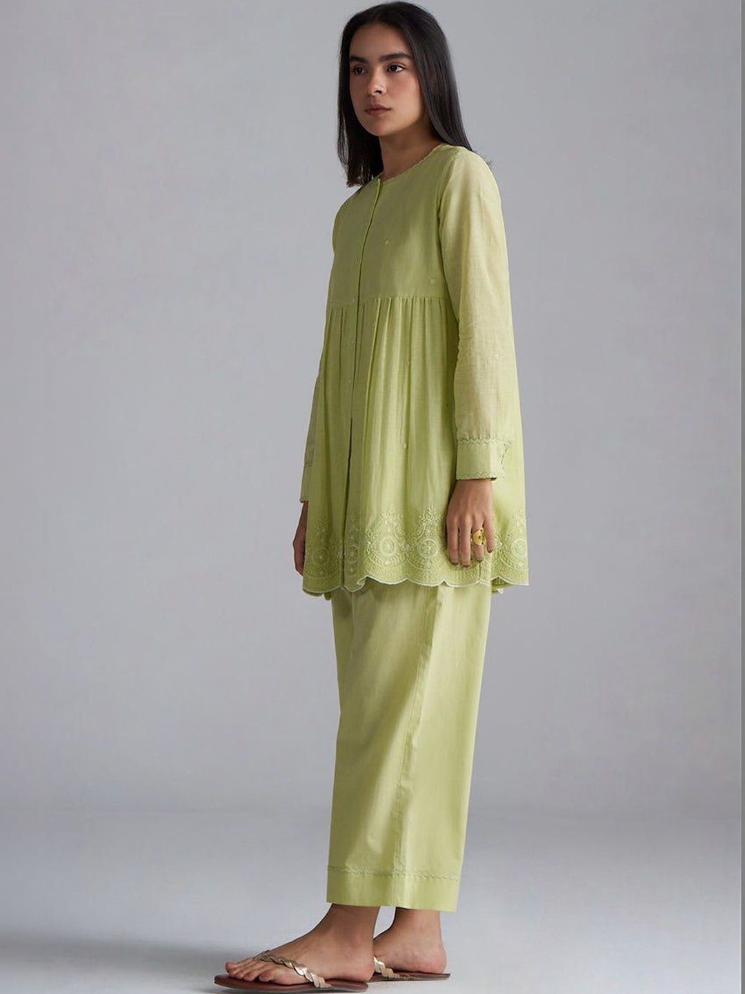 Ganga Green Cotton Embroidered Tunic with Trousers Co-Ord Set