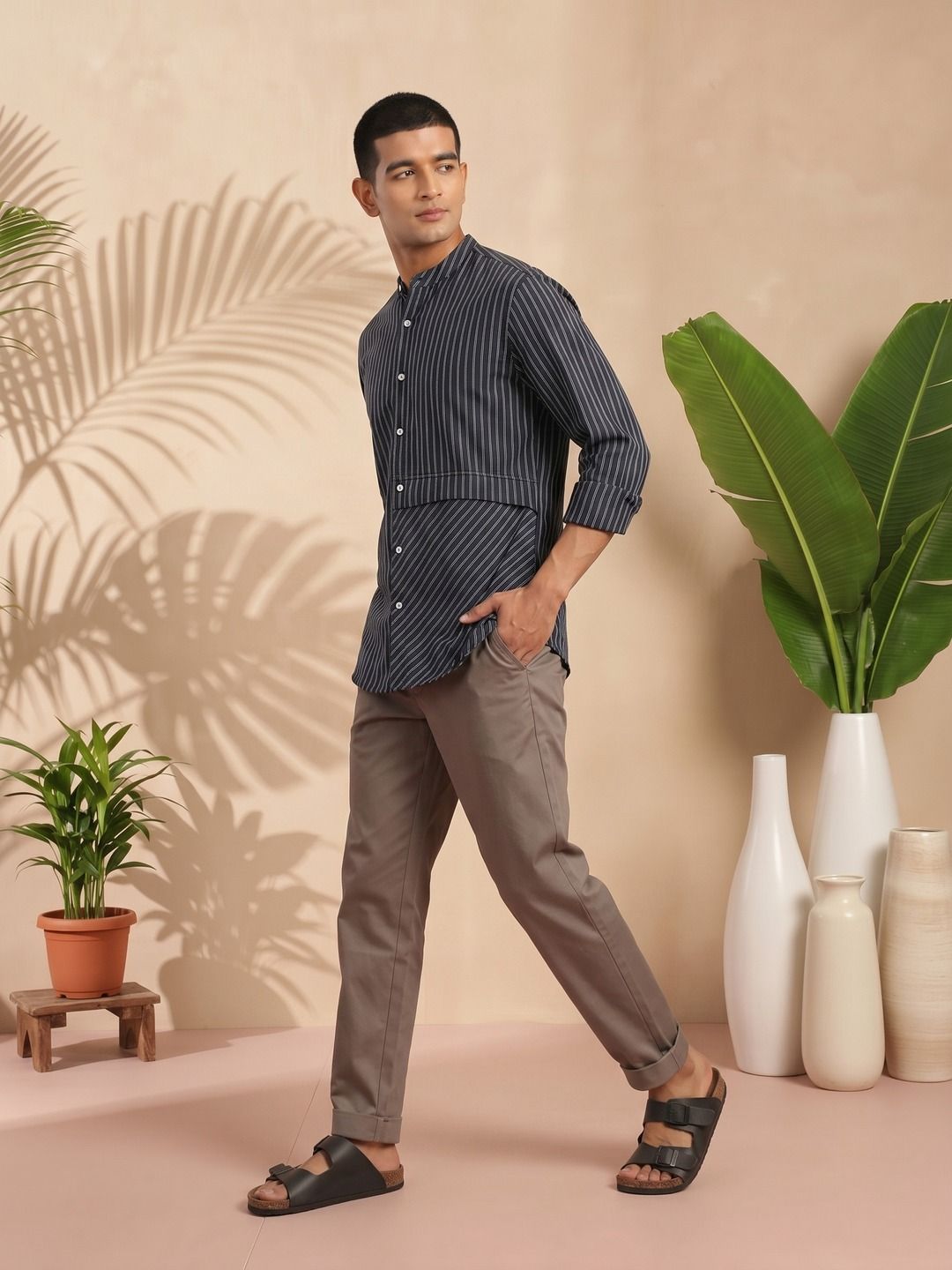 Sangria Band Collar Striped Shirt