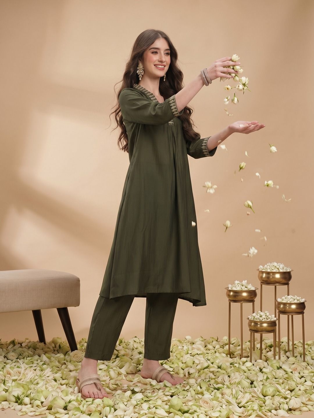 Sangria Yoke Design Panelled Kurta with Trousers