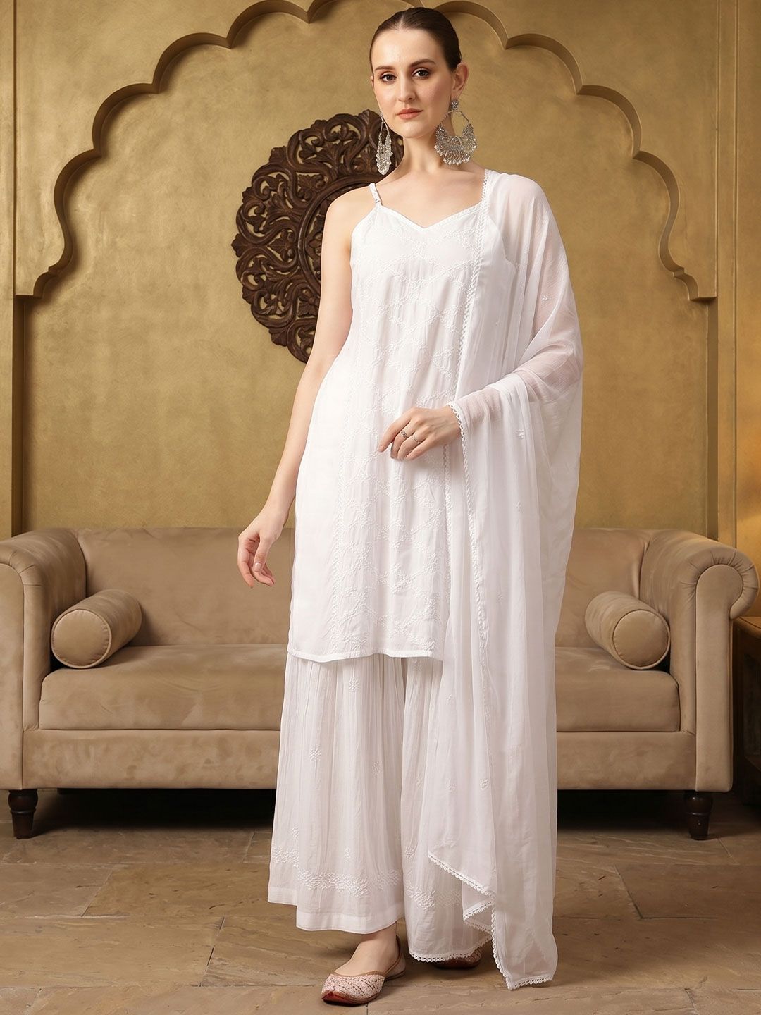House of Pataudi Floral Embroidered Pure Cotton Jashn Kurta with Sharara & Dupatta