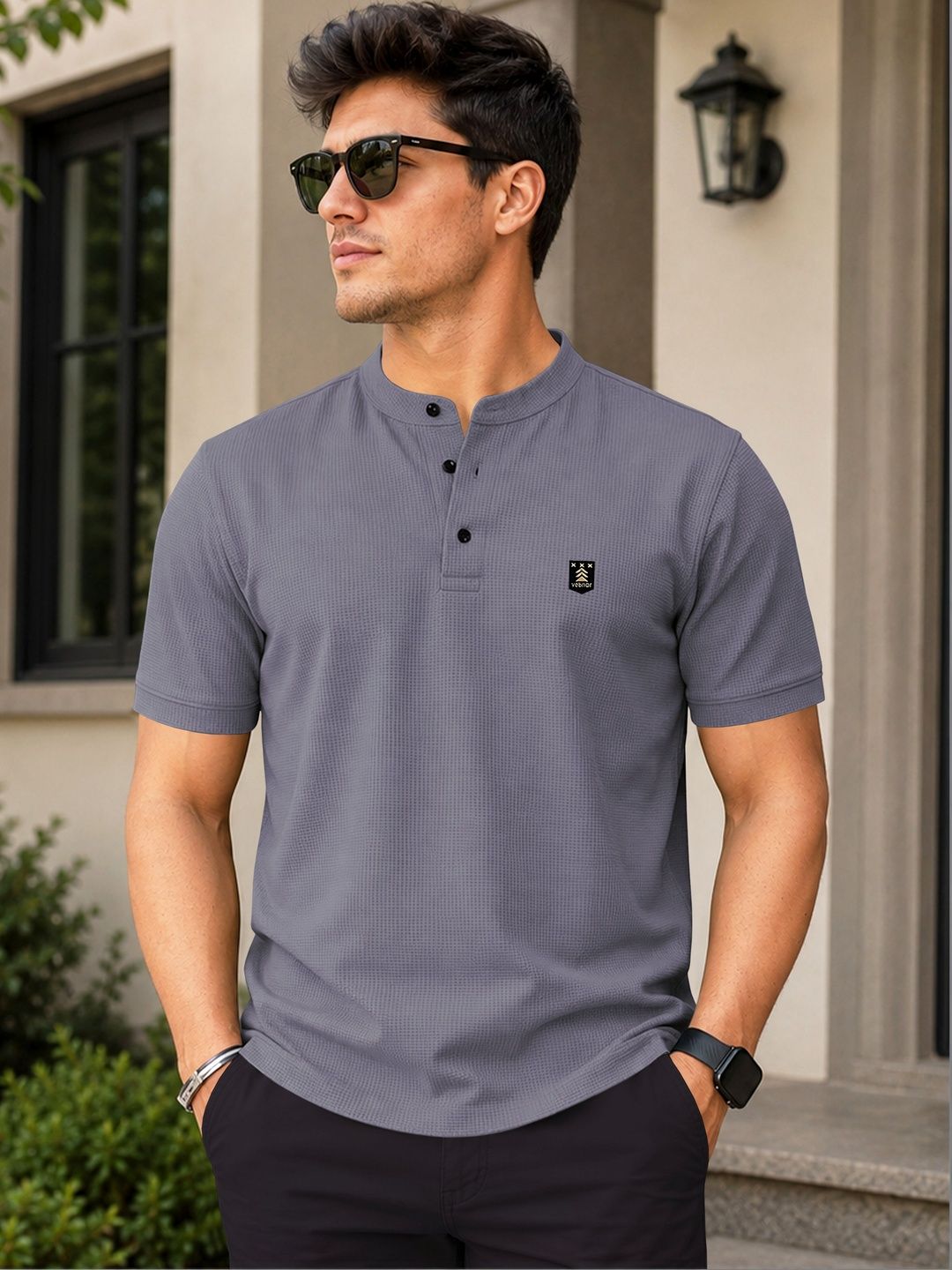VeBNoR Men Mandarin Collar T-shirt