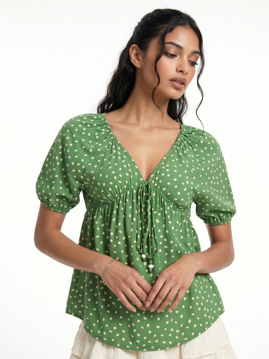 glitchez Puff Sleeves V-Neck Polka Dot Printed A-Line Top