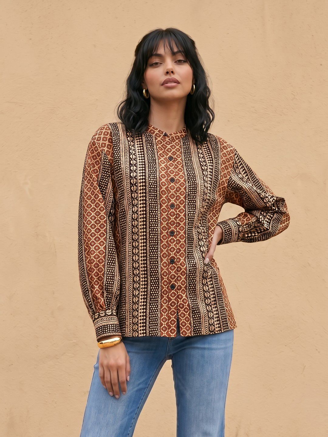 fusion by glitchez Geometric Printed Band Collar Relaxed Fit Cotton-Linen Casual Shirt