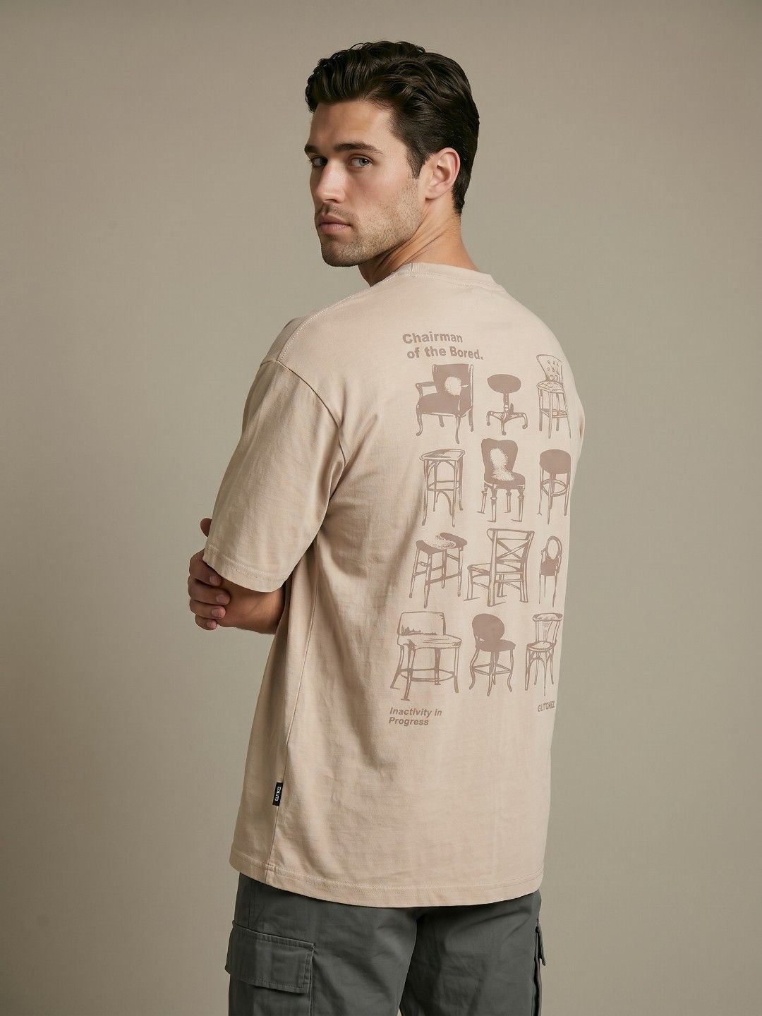 Beige Men Typography Printed Relaxed Fit Tshirts