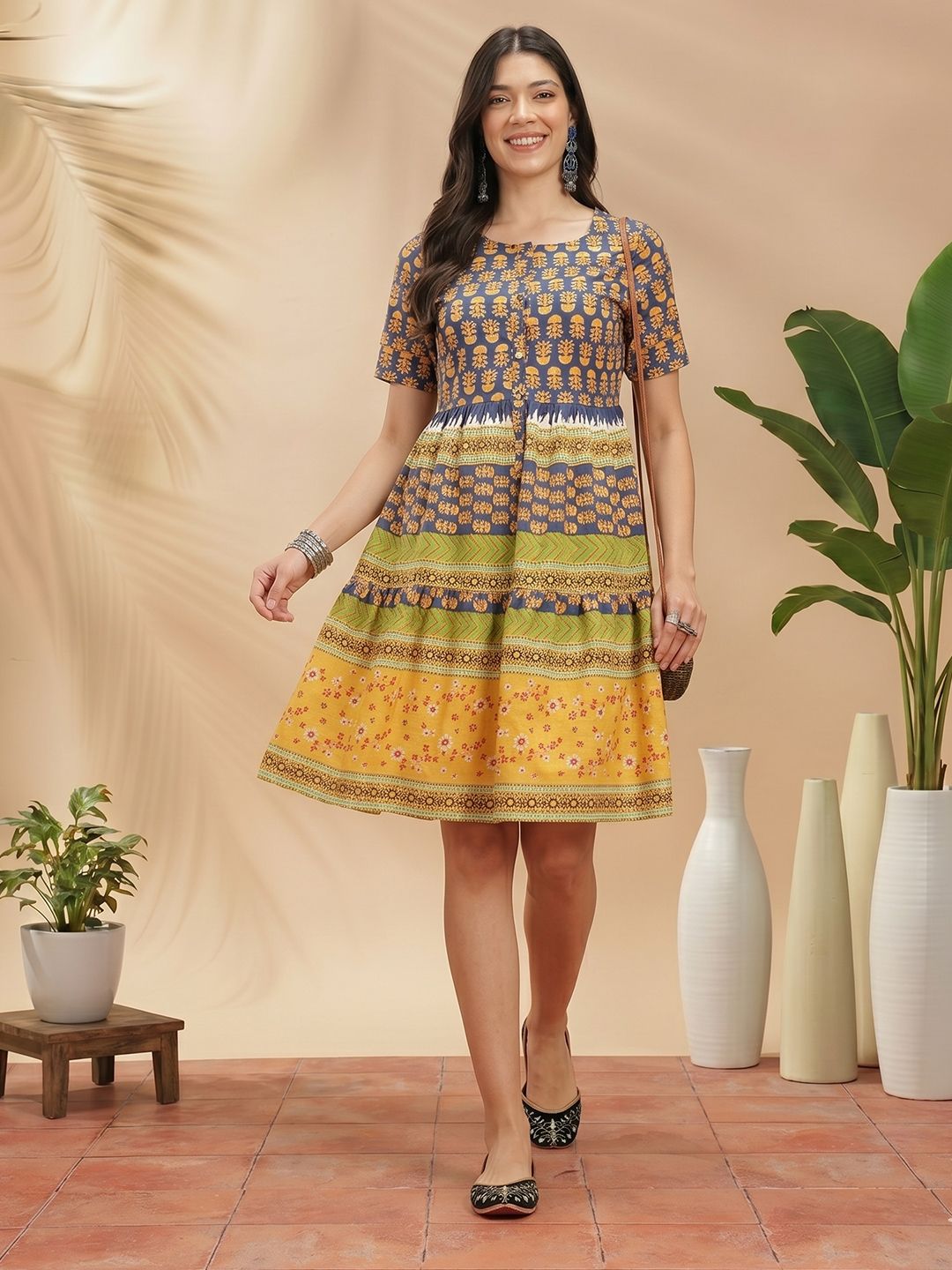 Sangria Floral Print Cotton A-Line Ethnic Dress