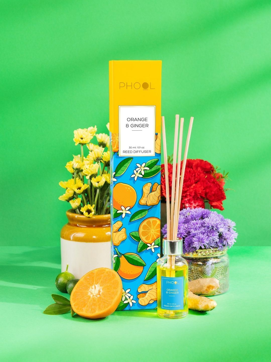 Phool Orange & Ginger Fragrance Reed Diffuser Set with 4 Reed Sticks - 30ml