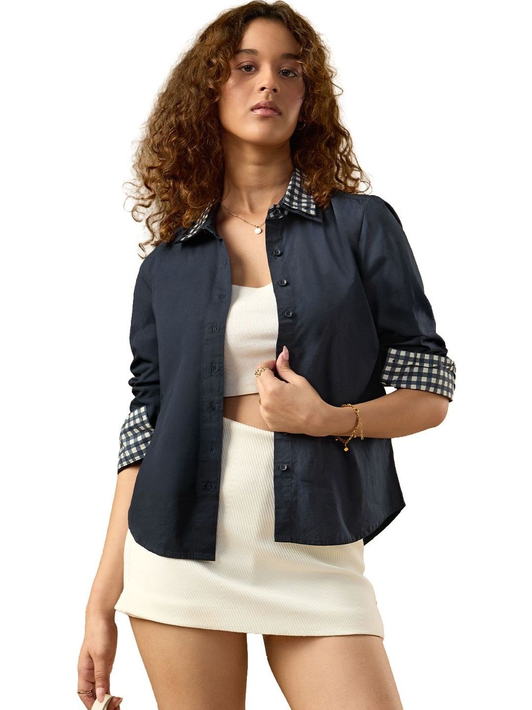 The Souled Store Women Relaxed Fit Solid Navy Blue Shirts