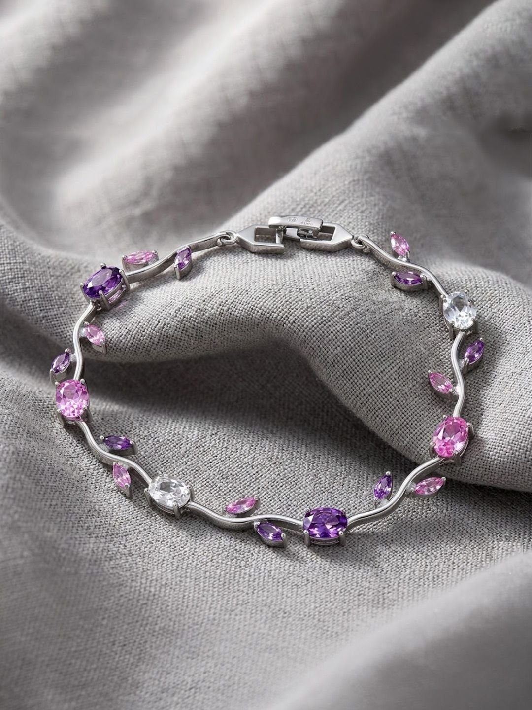 Airtick Stainless Steel Rhodium-Plated Cubic Zirconia Studded Wraparound Tulip Bracelet