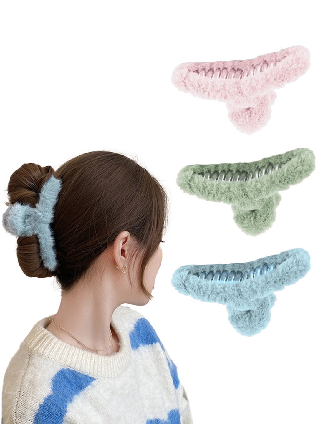 Majestique Set of 3 Multicolor Soft Faux Fleece Fur Large Hair Clutcher Hair Claw Clips