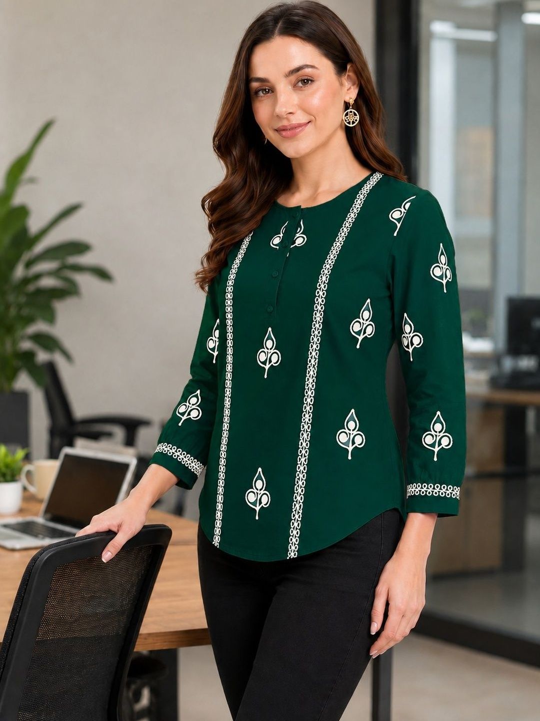 Naida Green Ethnic Motif Embroidered Top