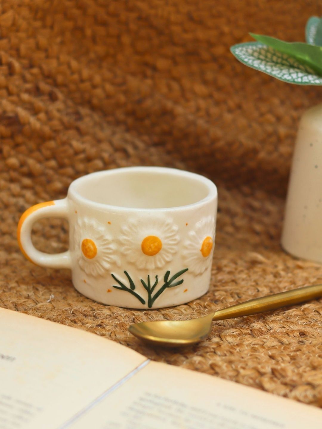 WEAVING HOMES Off White Floral Ceramic Handmade 2 Piece Mugs-280ml