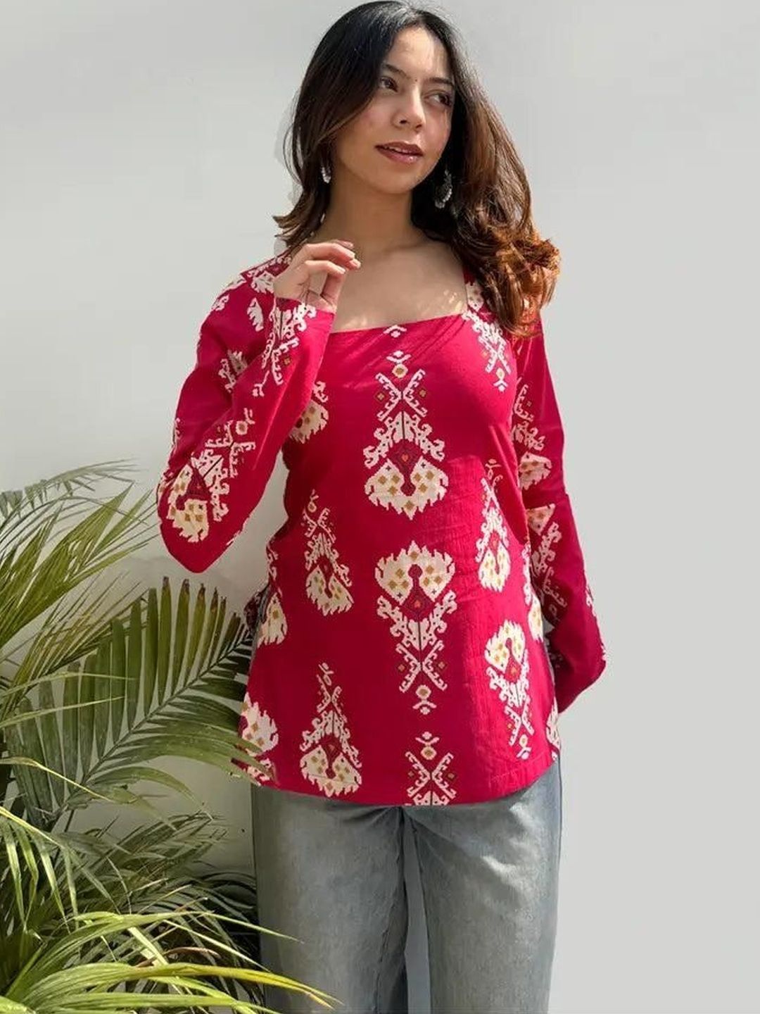 SANGOURI Ethnic Motifs Printed Square Neck Pure Cotton Kurti