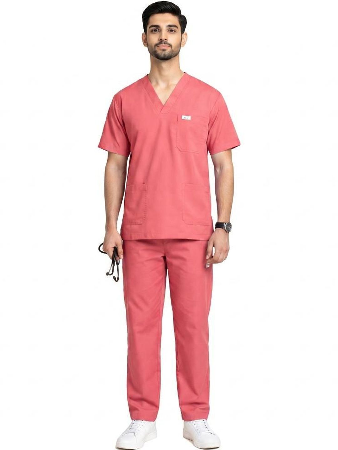 MAFATLAL Unisex Red Solid Cotton 5-Pocket Scrub Set