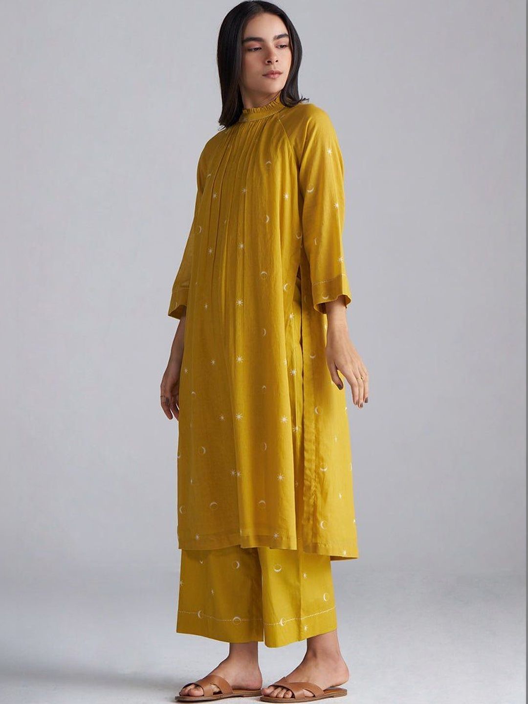 Ganga Yellow Cotton Embroidered Tunic with Palazzos Co-Ord Set