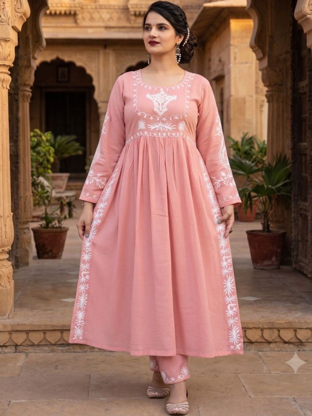 KALINI Women Ethnic Motifs Embroidered Empire Thread Work Kurta with Trousers