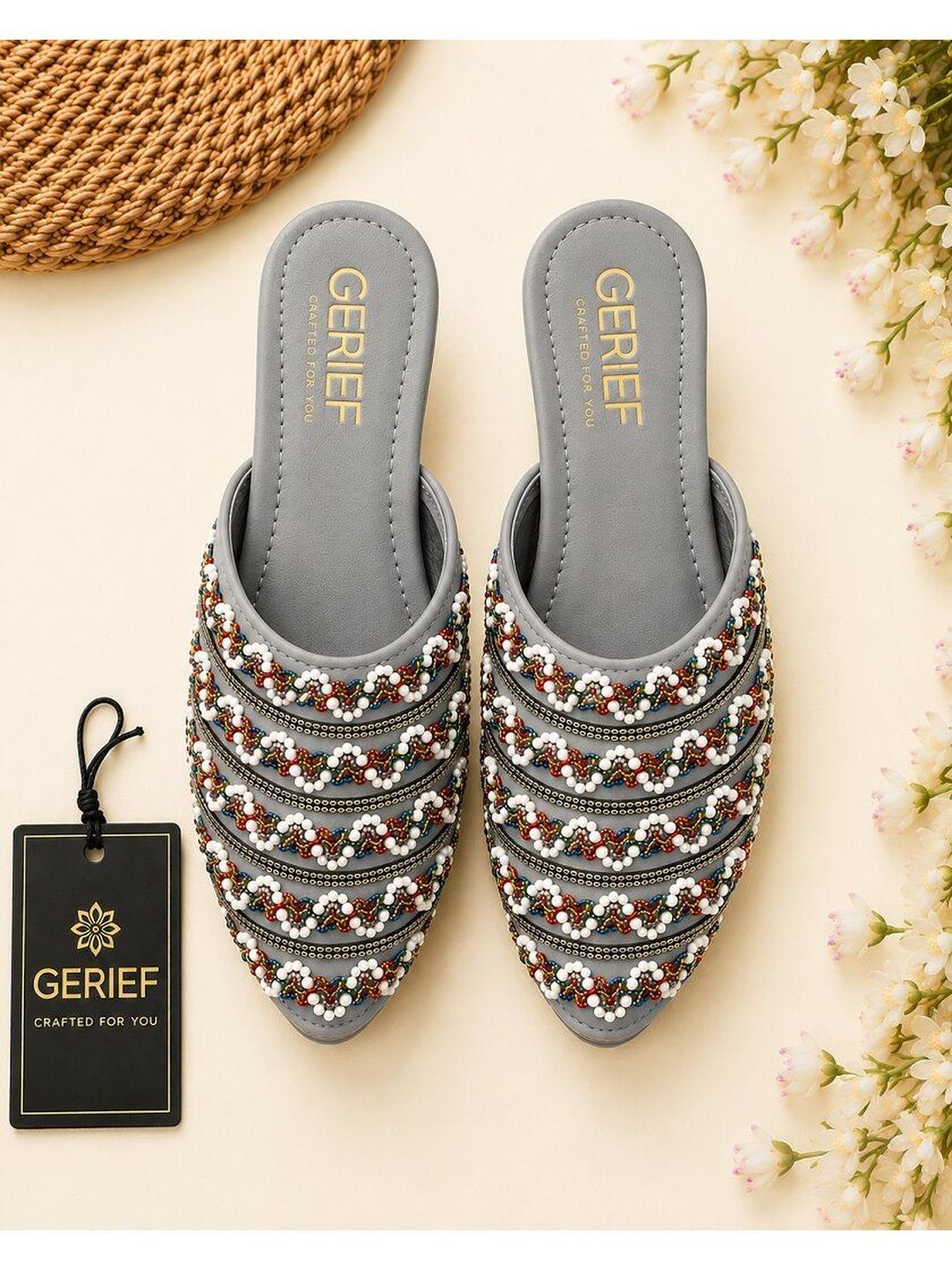 GERIEF Women Embellished Party Mules with Embroidered Flats