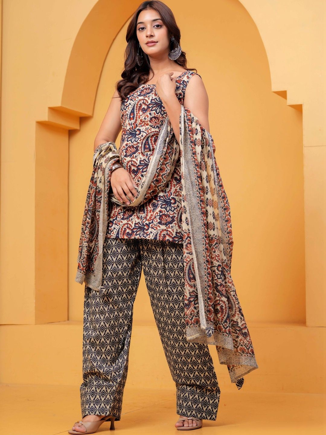 KALINI Women Ethnic Motifs Printed Regular Pure Cotton Kurta with Farshi Salwar & Dupatta