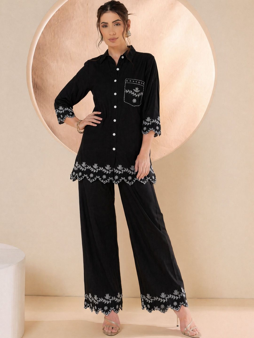 all about you Floral Cotton Embroidered Shirt with Palazzos