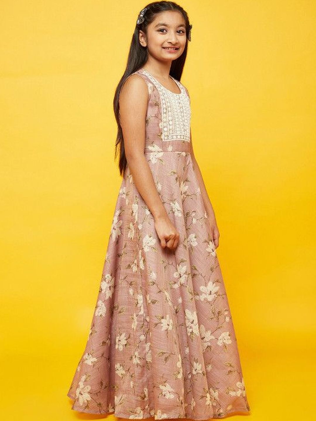 Girls Floral Print Dress With Embroidered Yoke 5