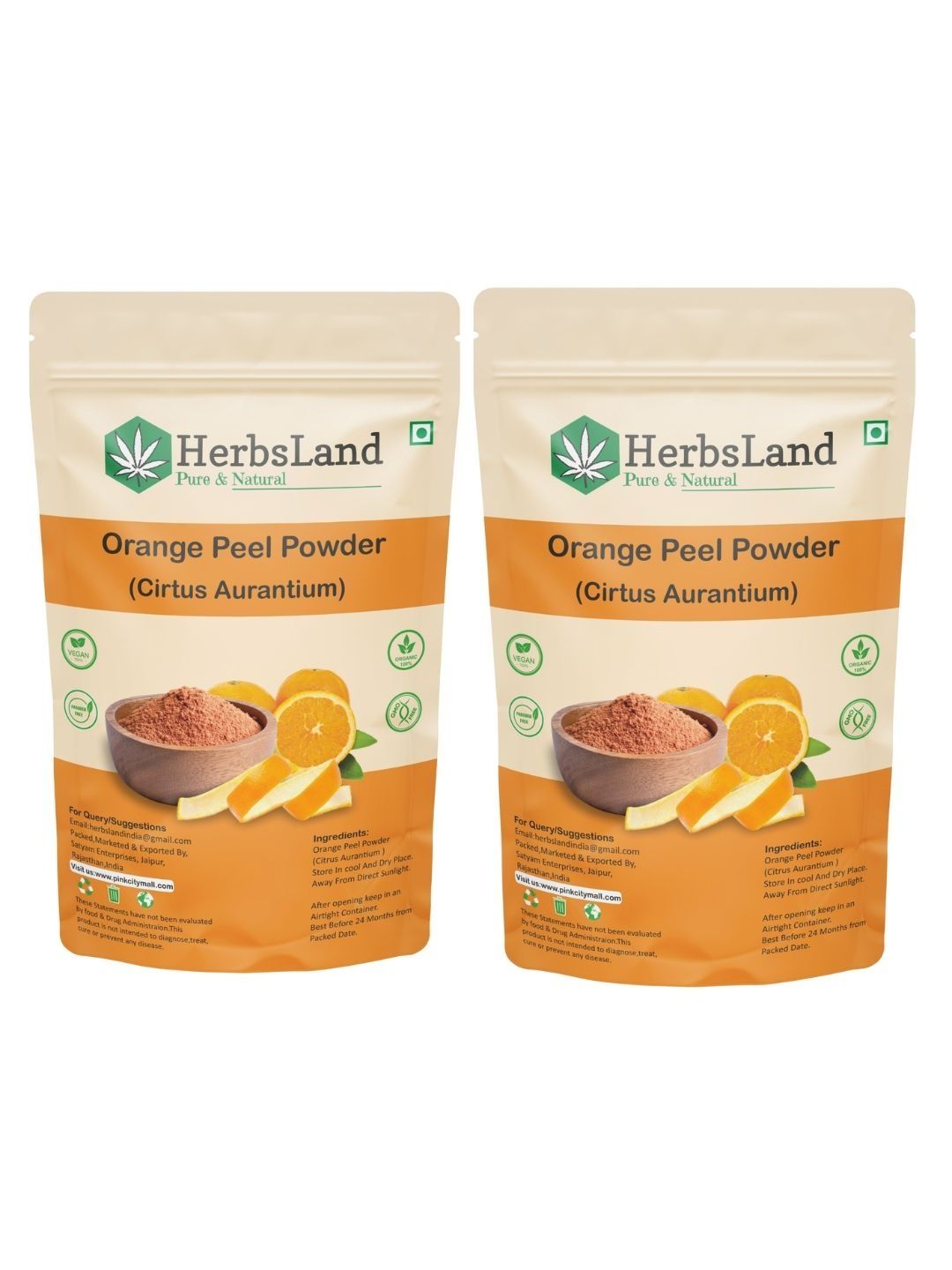 HerbsLand Set Of 2 Orange Peel Powder Face Pack For Skin Brightening - 100 g Each