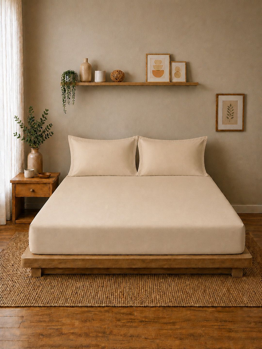 Linen Home Light Taupe 200 TC Queen Size Fitted Sheet Set with 2 Pillow Covers