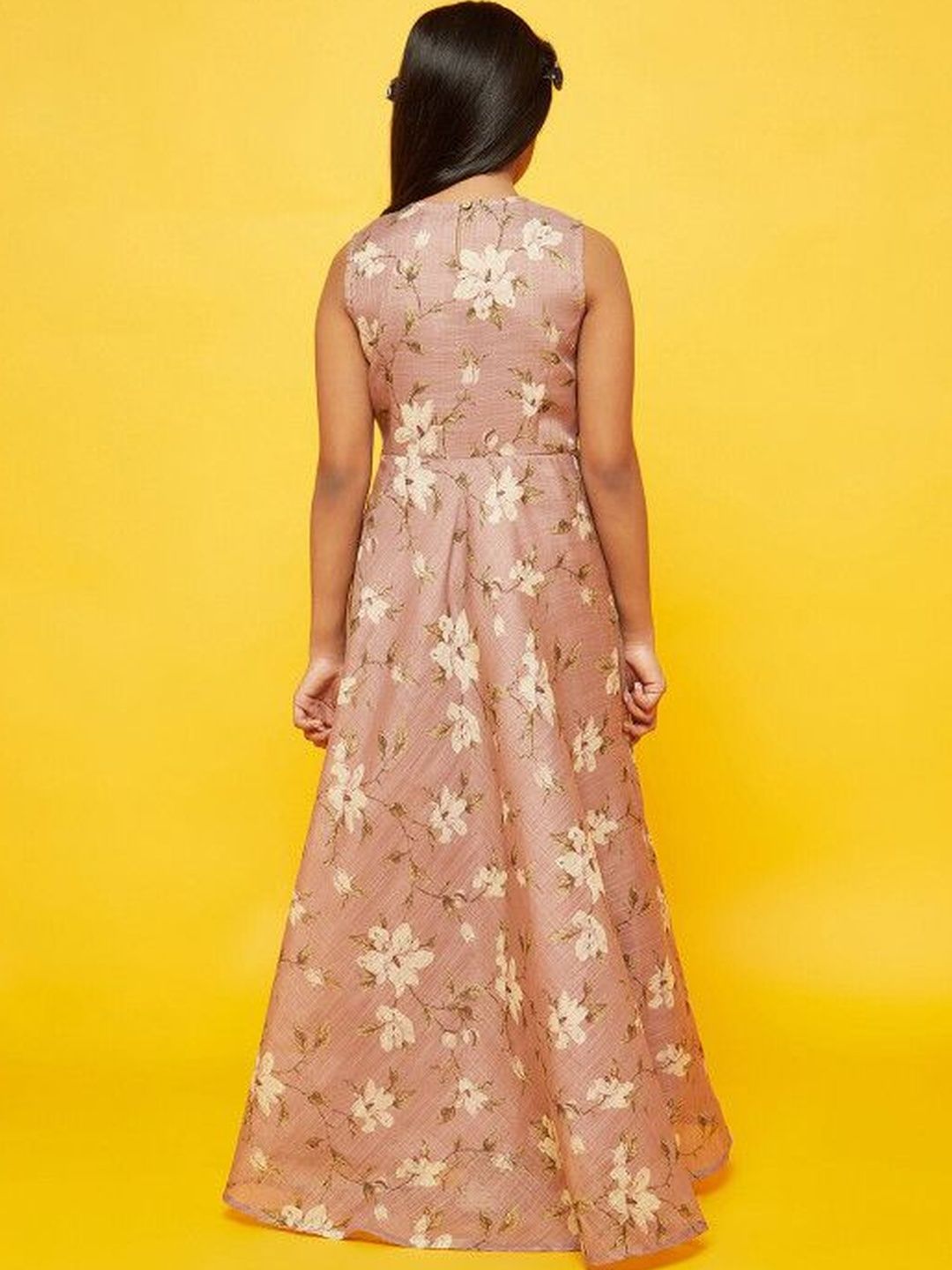 Girls Floral Print Dress With Embroidered Yoke 2