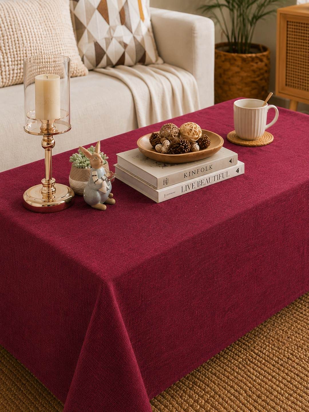 CASA-NEST Maroon Jute 4 Seater Table Cover
