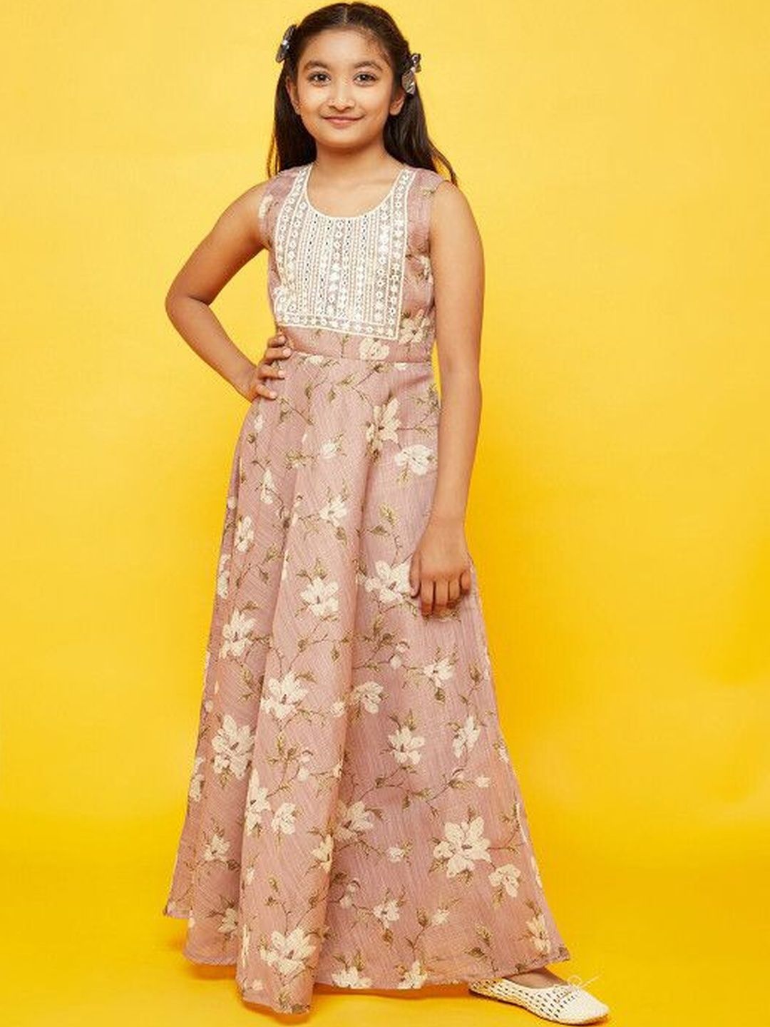 Girls Floral Print Dress With Embroidered Yoke 6