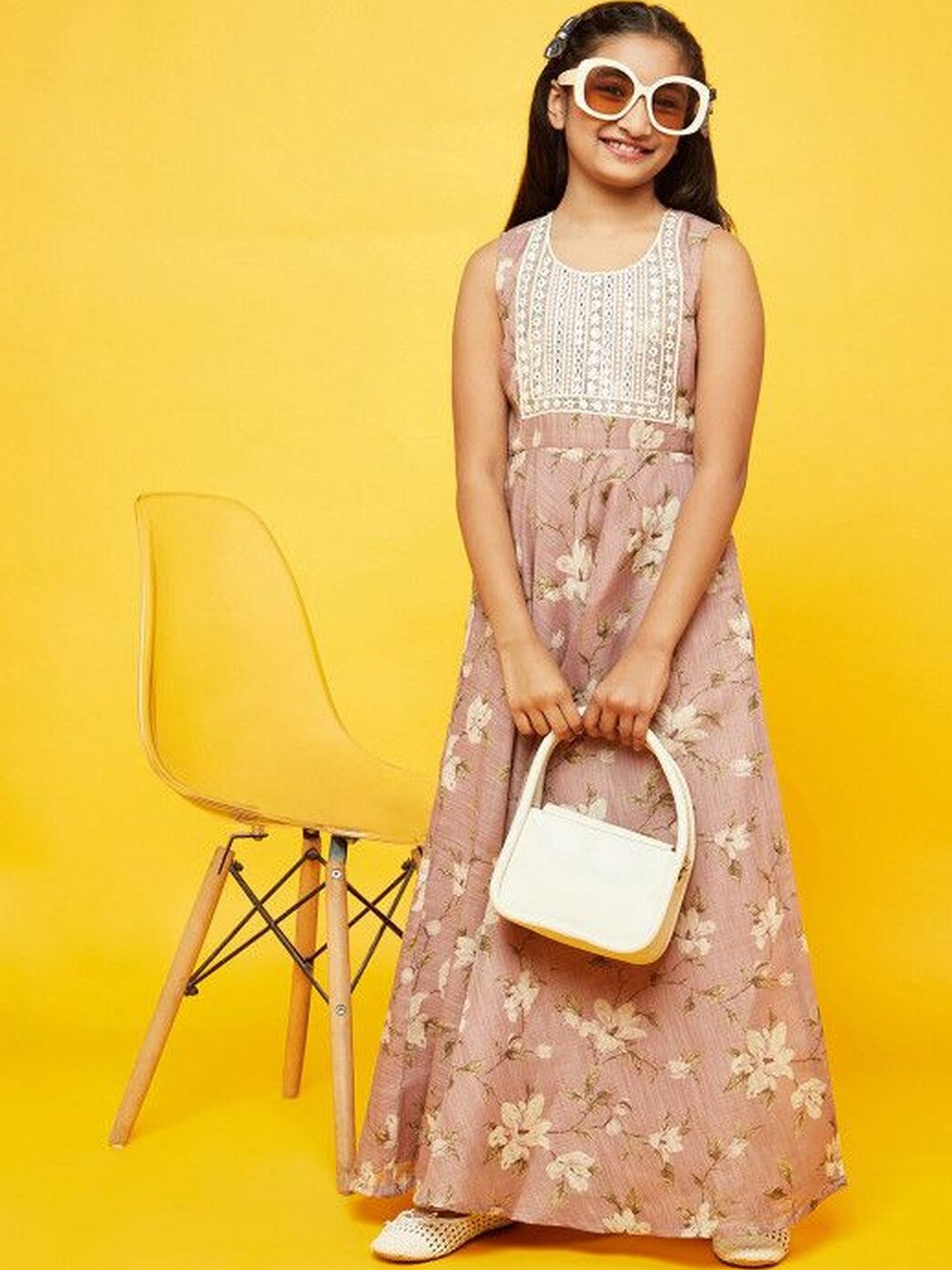 Girls Floral Print Dress With Embroidered Yoke