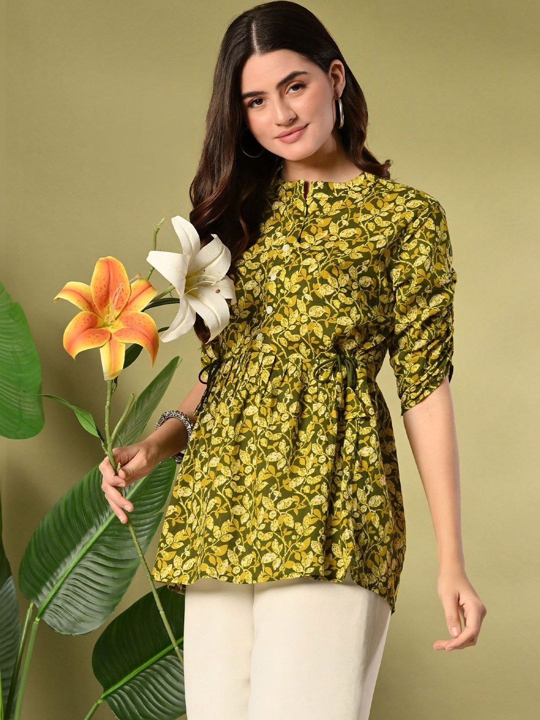 MURLI KURTI Women Printed Mandarin Collar Cotton Gathers Ethnic Tunic
