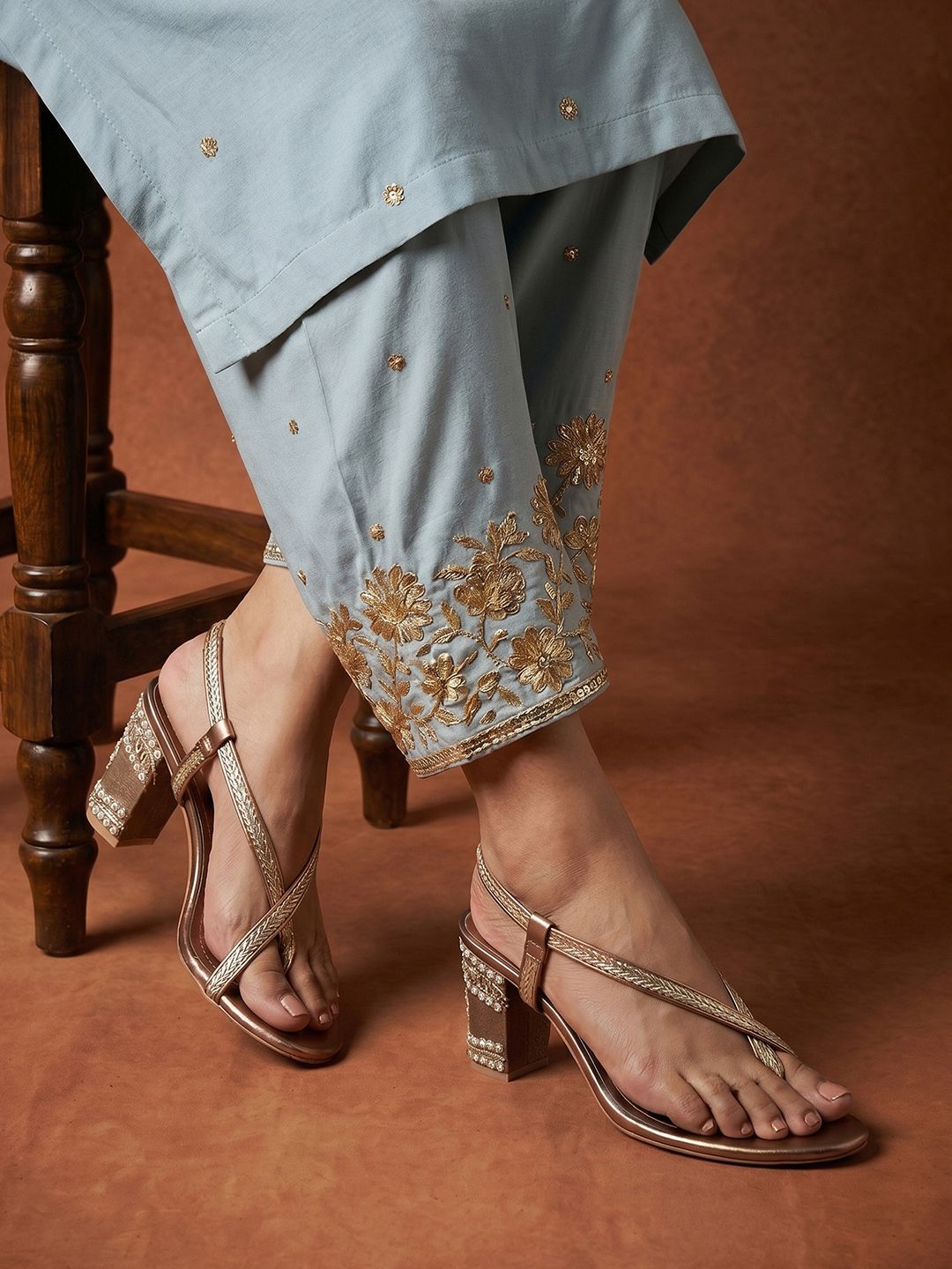 House of Pataudi Embellished Block Heeled Sandals