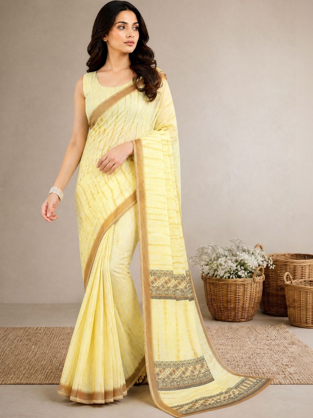 Anouk Women Pure Linen Chanderi Printed Saree