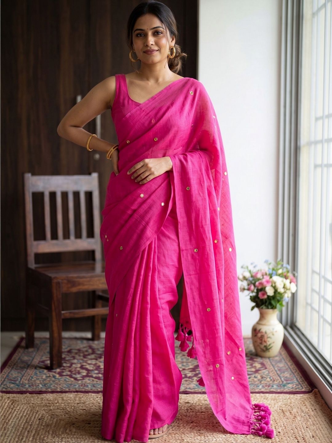 HARNARMADE Woven Design Beads and Stones Pure Cotton Khadi Saree