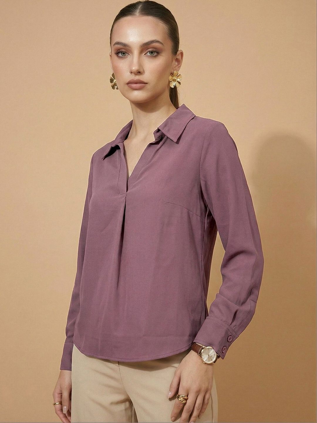 Mauve Solid Shirt Style Casual Top 3
