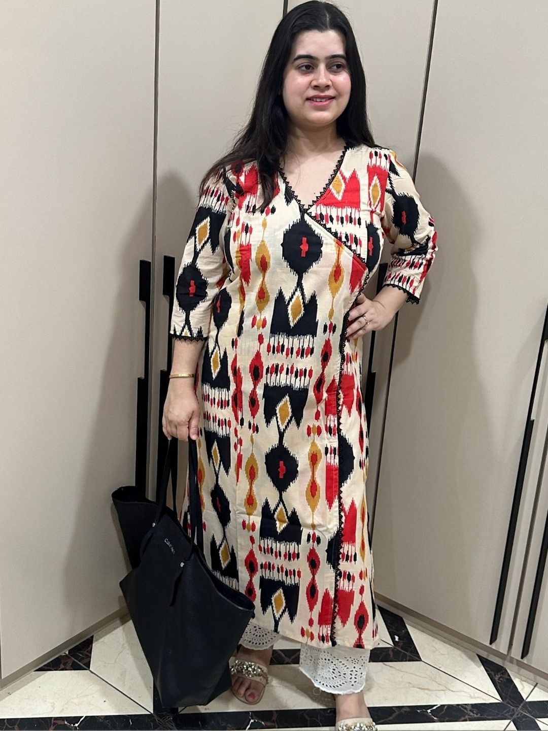 Vijaylaxmi Ethnic for Everyday Geometric Printed V-Neck Pure Cotton Angrakha Kurti