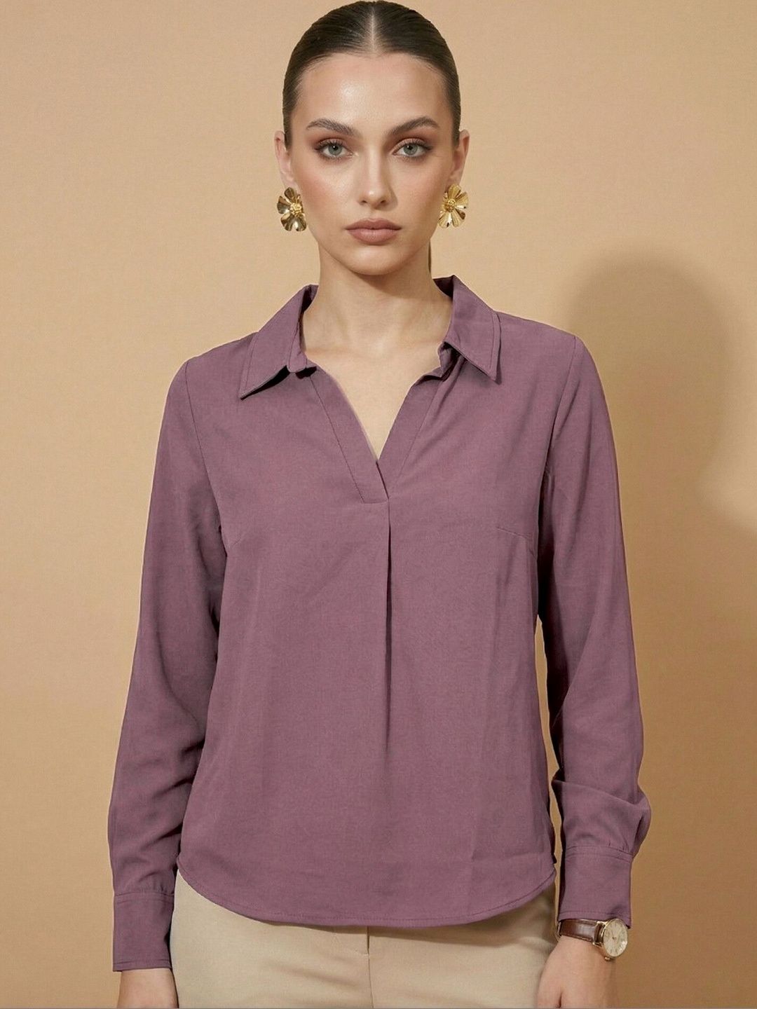 Mauve Solid Shirt Style Casual Top