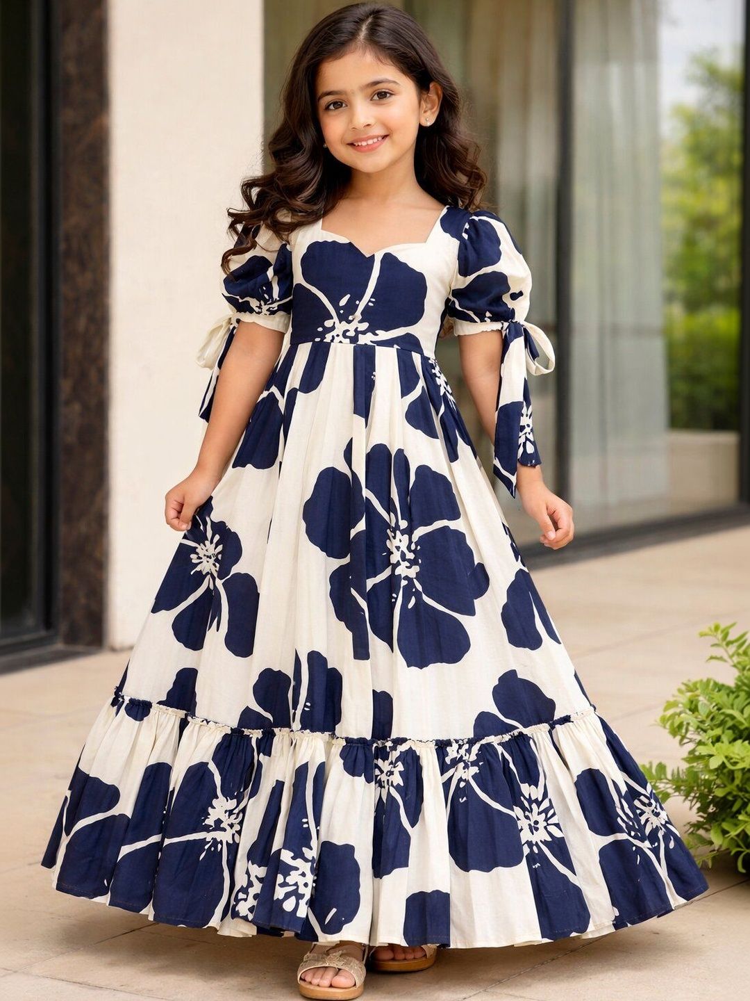 VADLI FASHION Floral Print Puff Sleeve Ruffled Maxi Dress