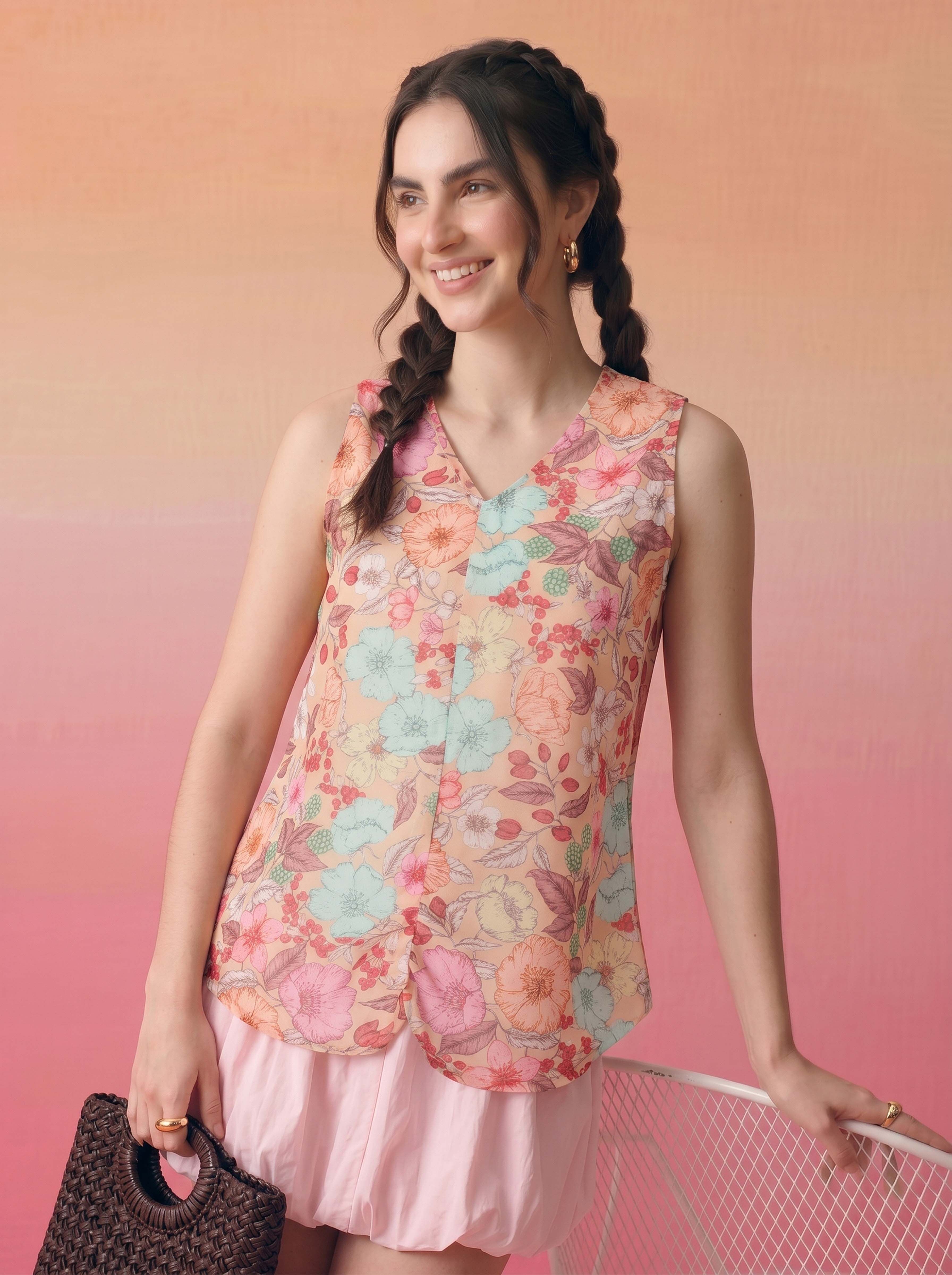 ZACCAI Peach Georgette Floral Printed Straight Top