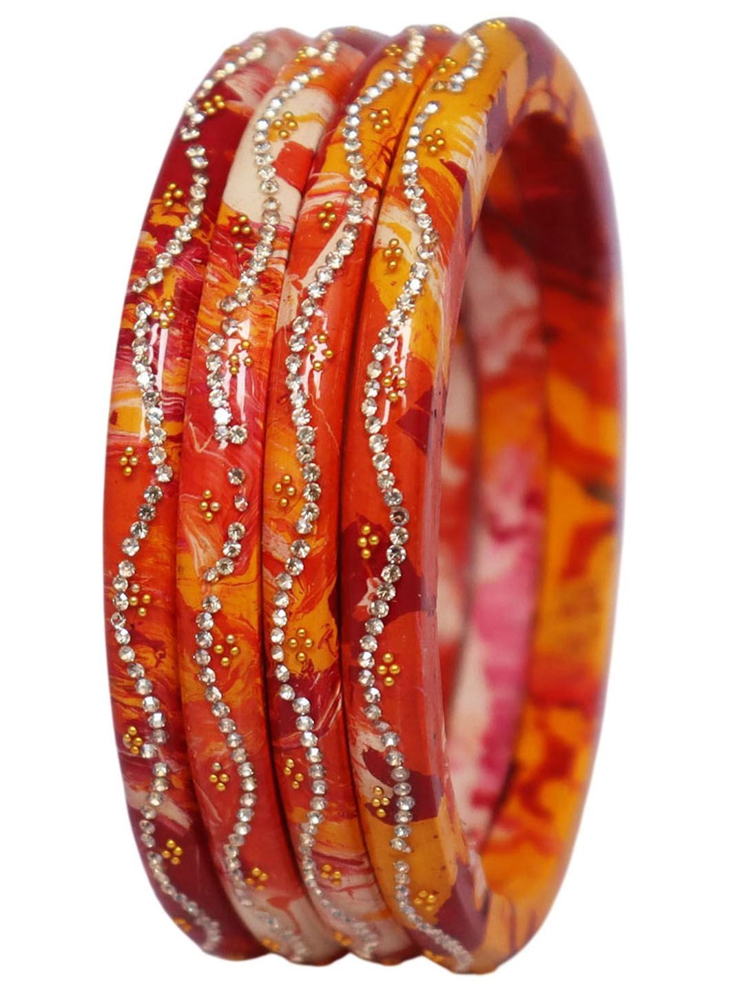 TAJ BRIDAL STORE Set of 4 Stone Studded & Beaded Bangles