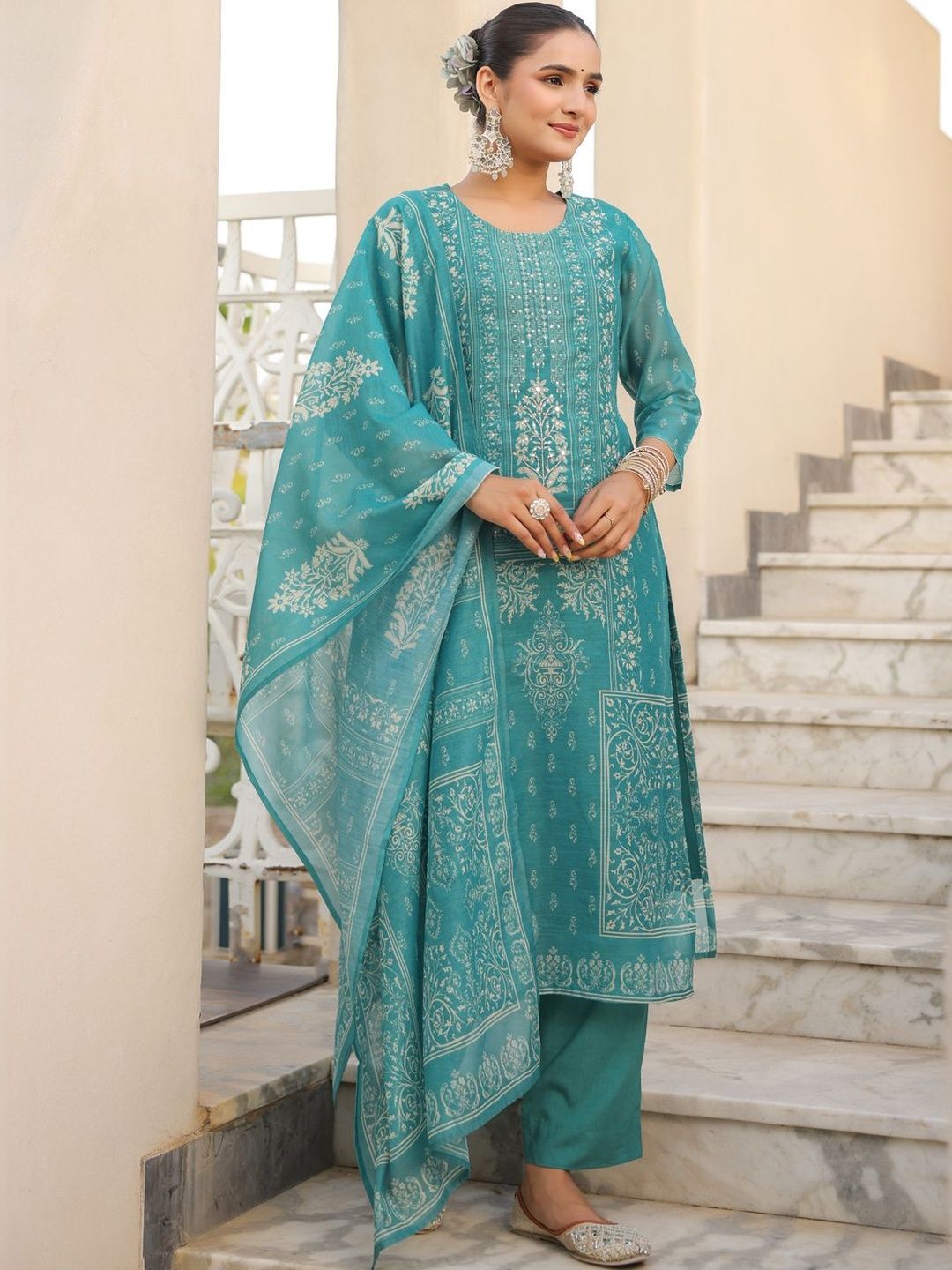 Rain & Rainbow Women Ethnic Motifs Printed Regular Chanderi Cotton Kurta with Trousers & With Dupatta