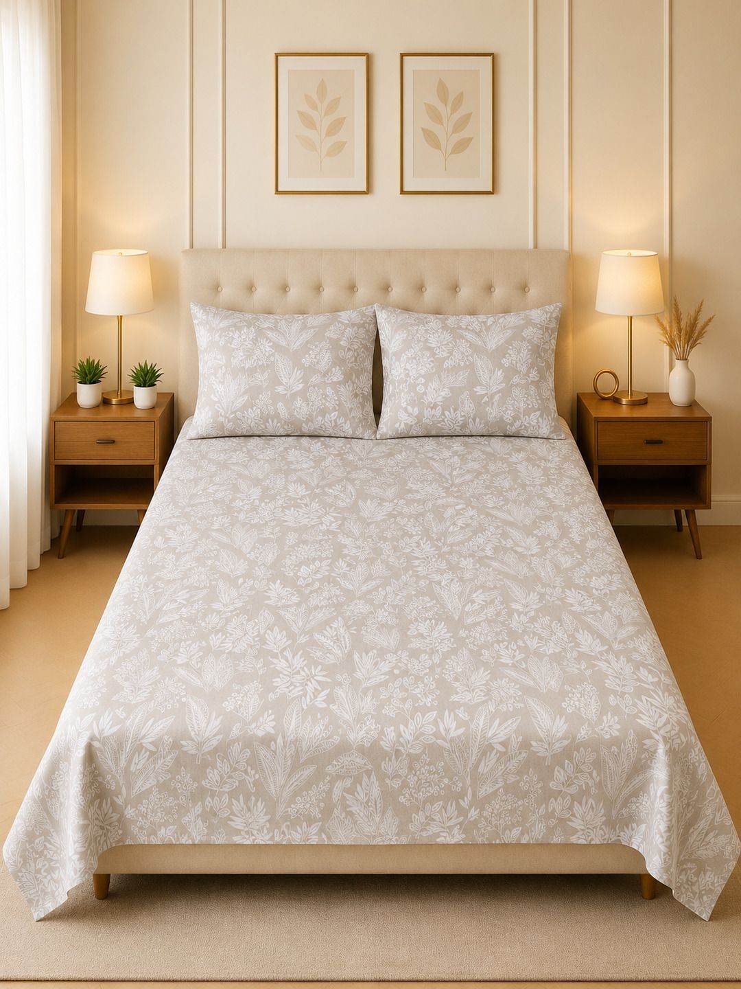 Myntra Elegant Homes Green & White Floral 144 TC Bedsheet with 2 Pillow Covers