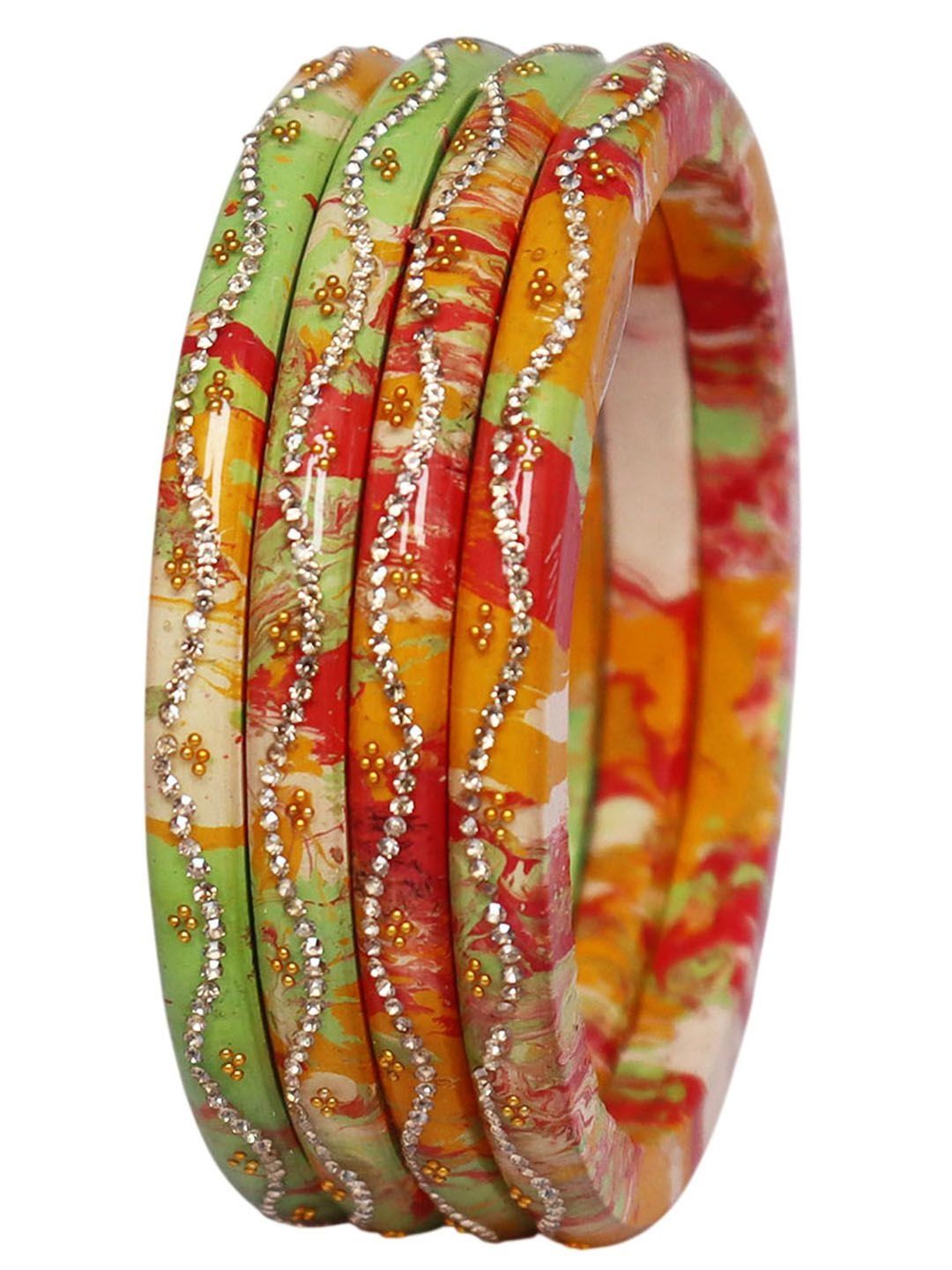 TAJ BRIDAL STORE Set of 4 Stone Studded & Beaded Bangles