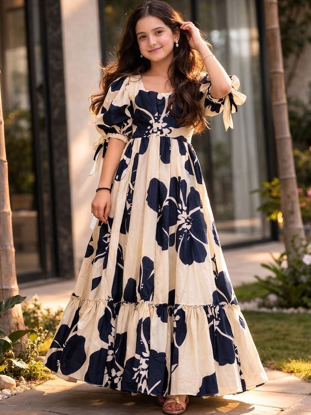 VADLI FASHION Floral Print Puff Sleeve A-Line Maxi Dress